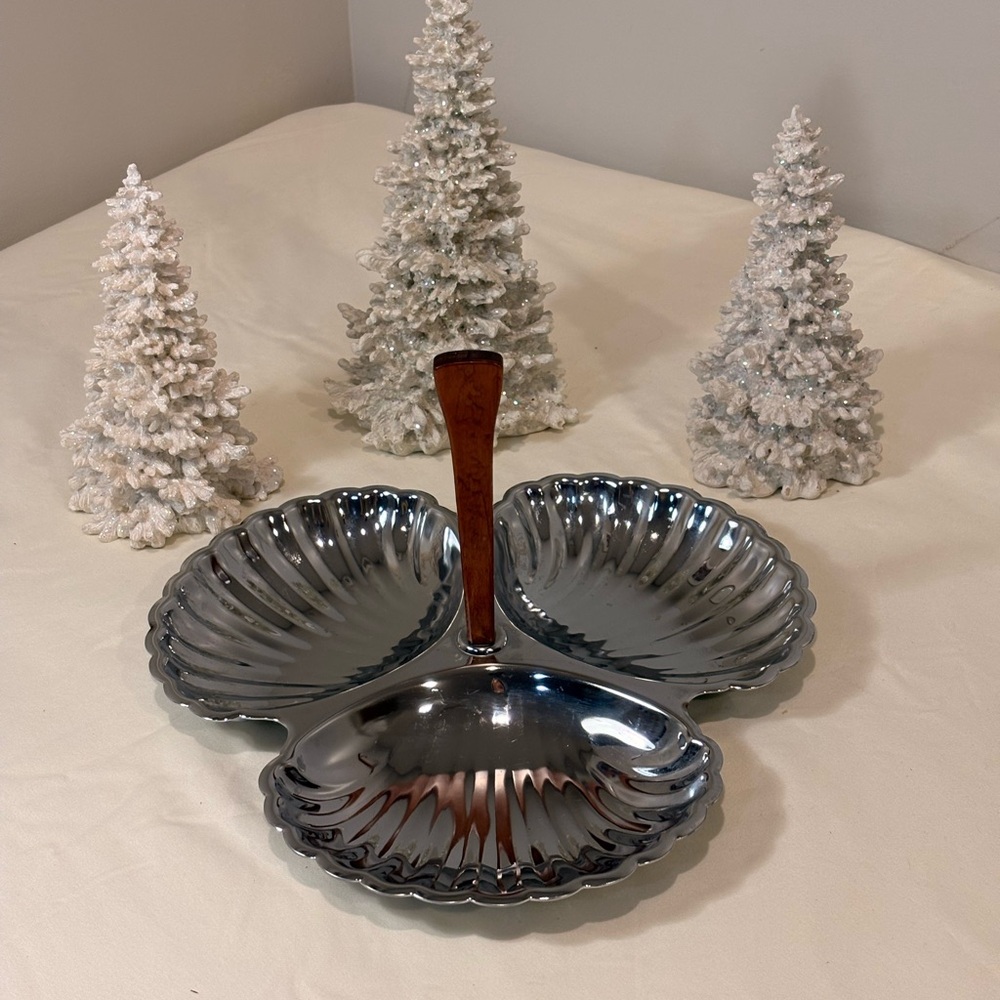 A MCM vintage Irving Ware chrome clam shell three-section serving tray.